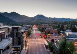 Downtown Ketchum from a drone at sunset